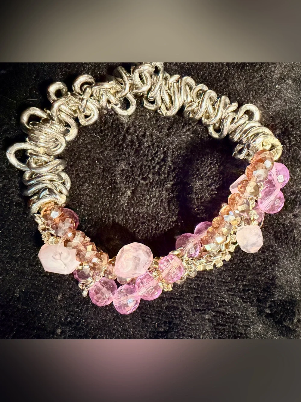 Artisan Pink Crystal Beaded Silver Tone Chainmail Statement Bracelet